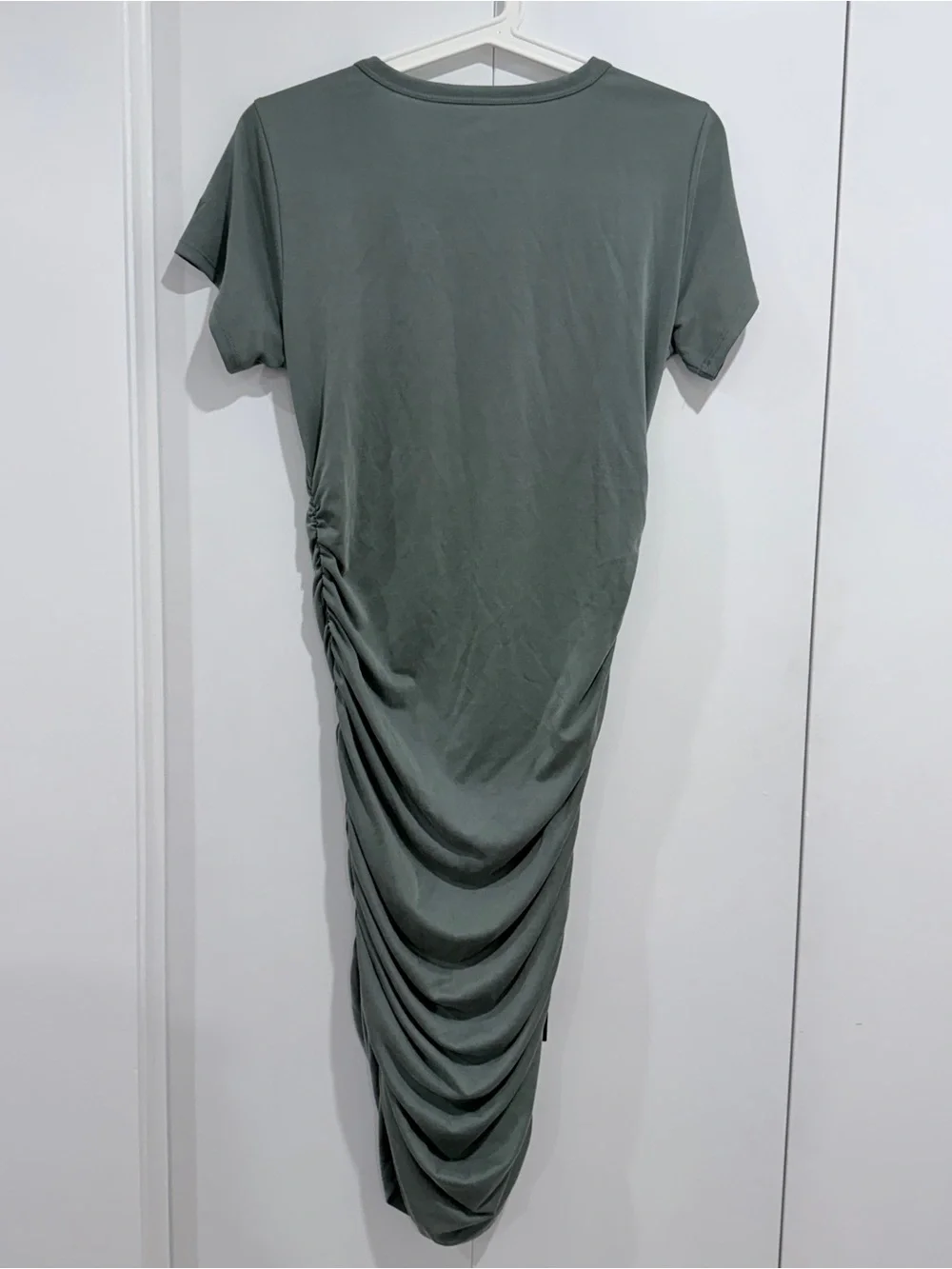 Ruched Side Short Sleeve Midi Dress - Olive Green